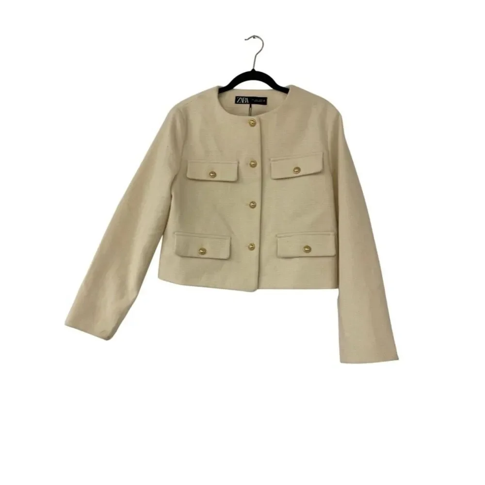 Zara Womens Textured Blazer Large L Ecru Ivory cream Round Neck 3046/578 NWT
